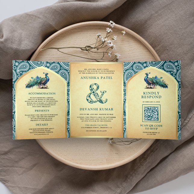 Teal Paisley Indian Peacock QR Code Wedding Tri-Fold Invitation (Creator Uploaded)