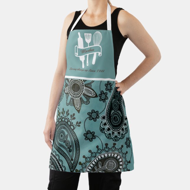 Teal paisley Personalised custom cook's Apron (Insitu)