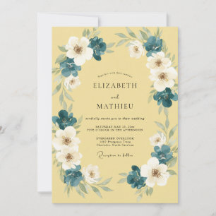 Teal Pale Yellow Wreath Wedding Invitation