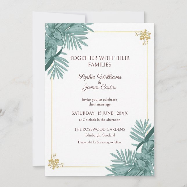 Teal Palm Leaf Wedding Invitation (Front)