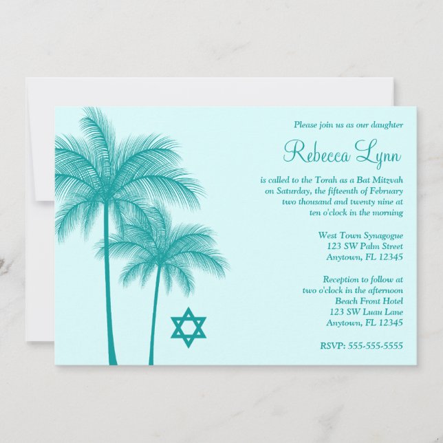Teal Palm Tree Tropical Bat Mitzvah Invitations (Front)