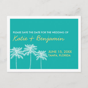 Teal palm trees summer wedding chic save the date announcement postcard