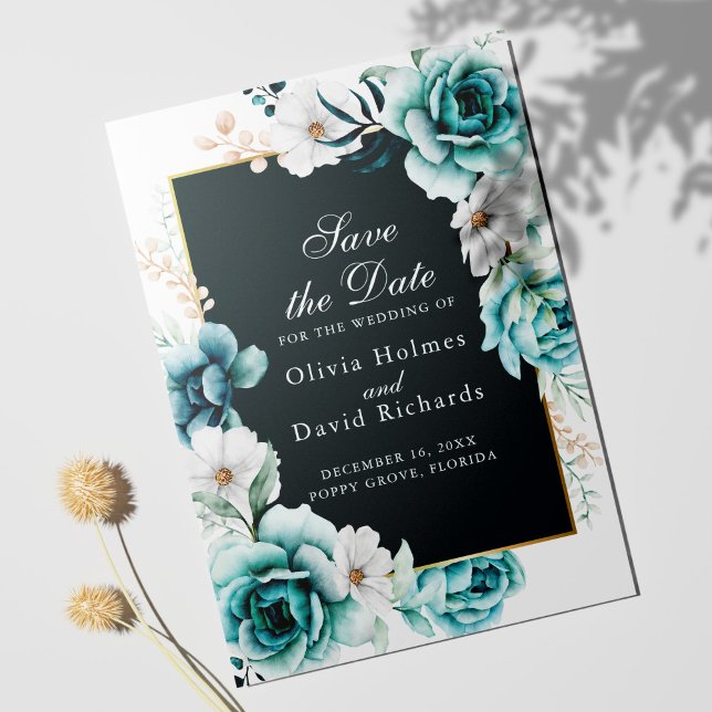 Teal Panel Save the Date | Wildflower (Teal and white floral Save the Date Card template on white background)