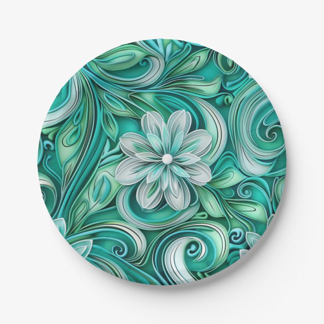 Teal paper flower seamless pattern  plate (Front)