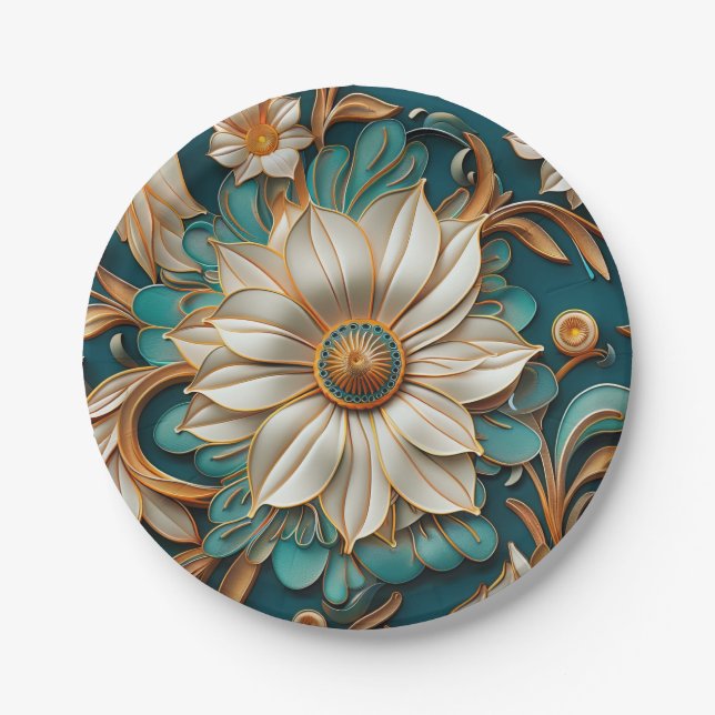 Teal paper flower seamless pattern  plate (Front)