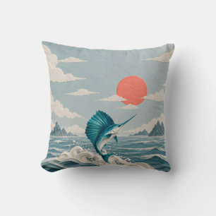 Teal Paper Sailfish Coral Sun Ocean Waves Cushion