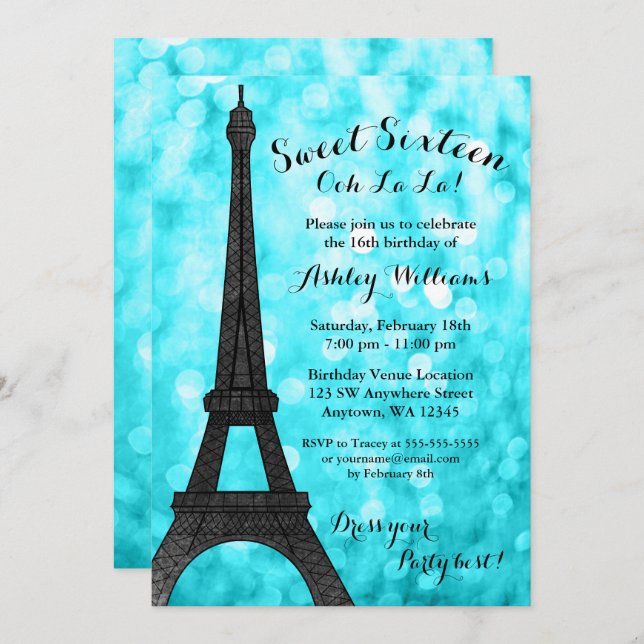Teal Paris Bokeh Glitter Lights Sweet 16 Invitation (Front/Back)