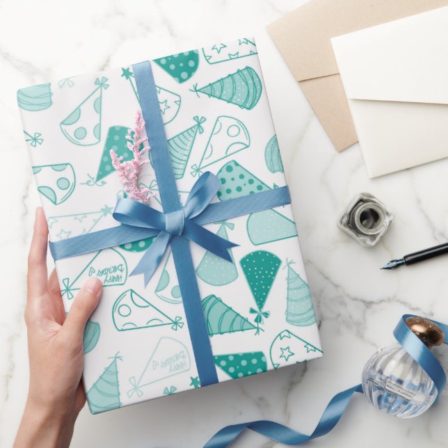 Teal Party Hats Wrapping Paper (Gifting)