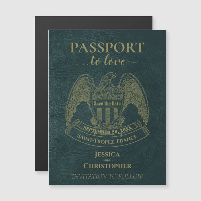Teal Passport Destination Wedding Save the Date Magnetic Invitation (Front/Back)