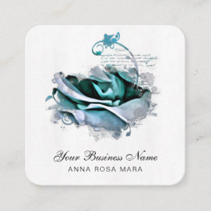 *~* Teal Pastel Logo QR Rose Floral Flower  Square Business Card