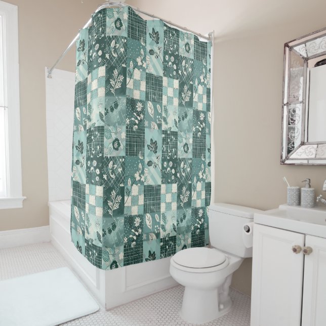 Teal Patchwork Quilt Rustic Floral Retro  Shower Curtain (In Situ)