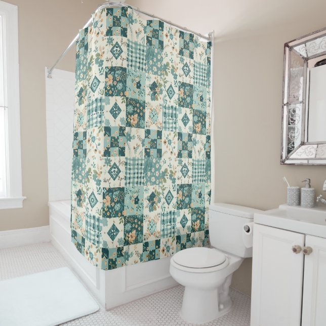 Teal Patchwork Quilt Rustic Floral Retro  Shower Curtain (In Situ)