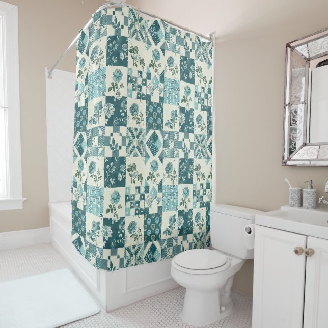 Teal Patchwork Quilt Rustic Floral Retro  Shower Curtain (In Situ)