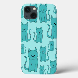 Teal Pattern of Cute Cats. iPhone 13 Case