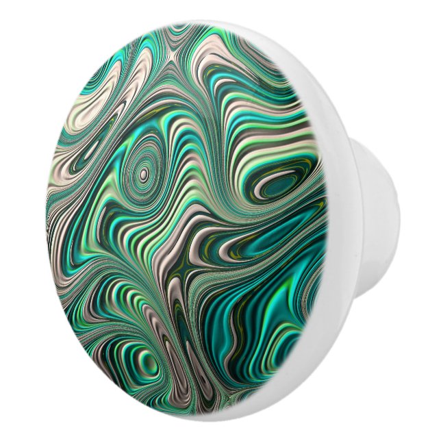 Teal Paua Abalone Shell Fractal Abstract Pattern Ceramic Knob (Right)