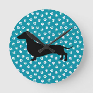 Teal Paw Print Dachshund Silhouette Wall Clock