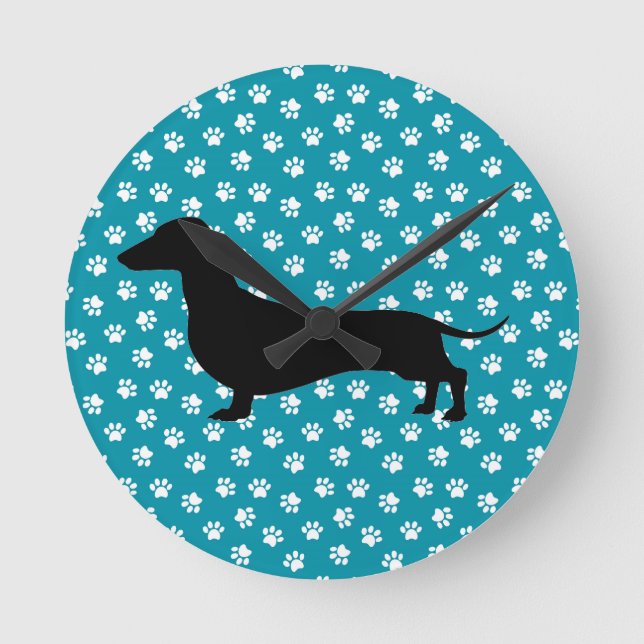 Teal Paw Print Dachshund Silhouette Wall Clock (Front)