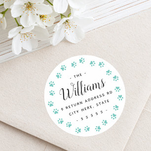 Teal paw prints return address labels