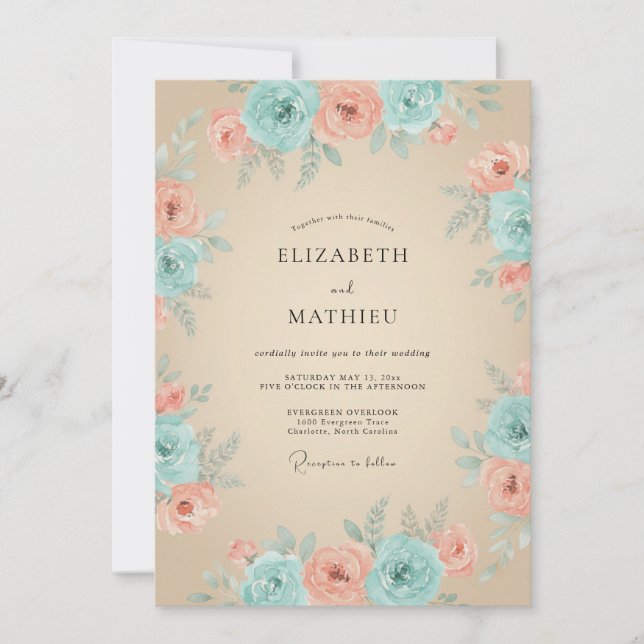 Teal Peach Blooming Flourish Wedding Invitation (Front)