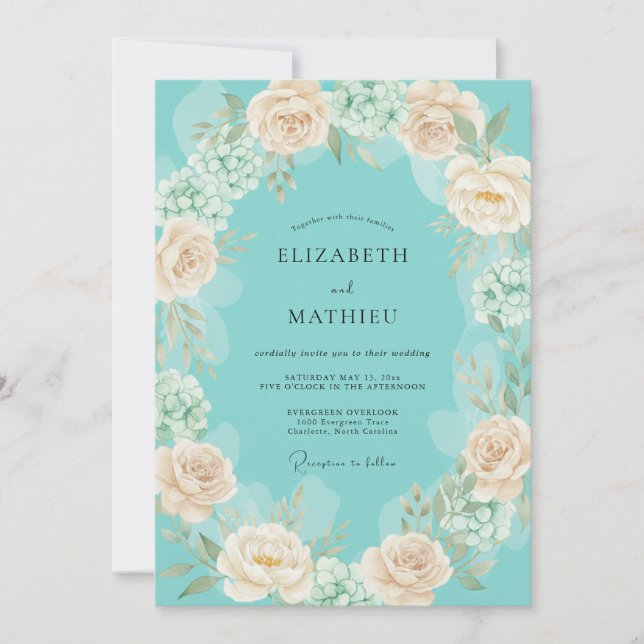 Teal Peach Blossom Romance Wedding Invitation (Front)