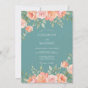 Teal Peach Blossom Whimsy Wedding Invitation