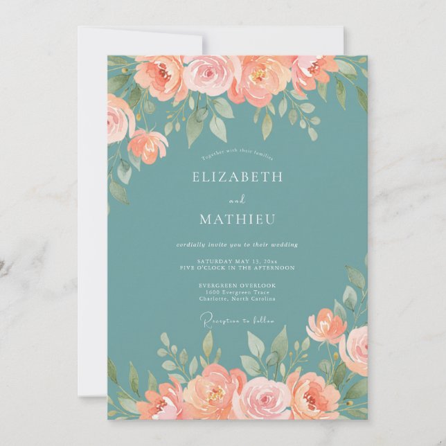 Teal Peach Blossom Whimsy Wedding Invitation (Front)
