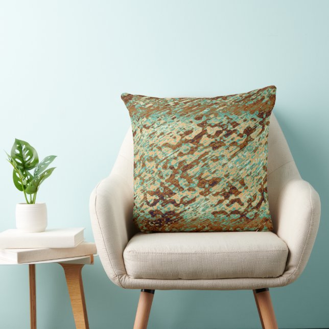 Teal Peach Brown Mottled Ink Stain Angled Texture Cushion (Chair)