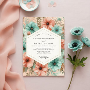 Teal Peach Floral Ethereal Wedding Invitation