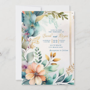 Teal Peach Floral Greenery Gold Wedding Invitation