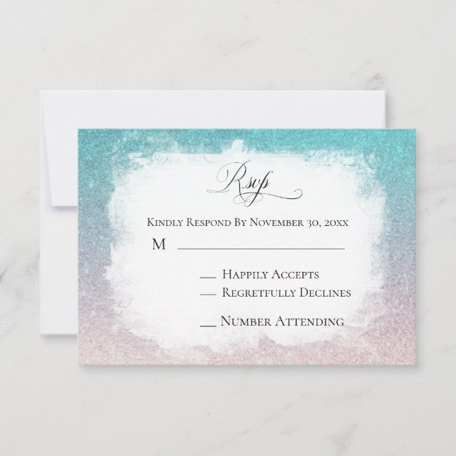 *~* Teal Peach Glitter Beach AR4 Wedding RSVP (Front)