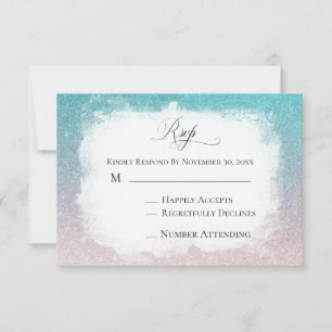 *~* Teal Peach Glitter Beach AR4 Wedding RSVP Card