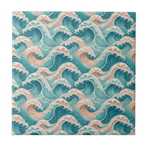 Teal & Peach Japanese Ocean Waves Seamless Pattern Ceramic Tile