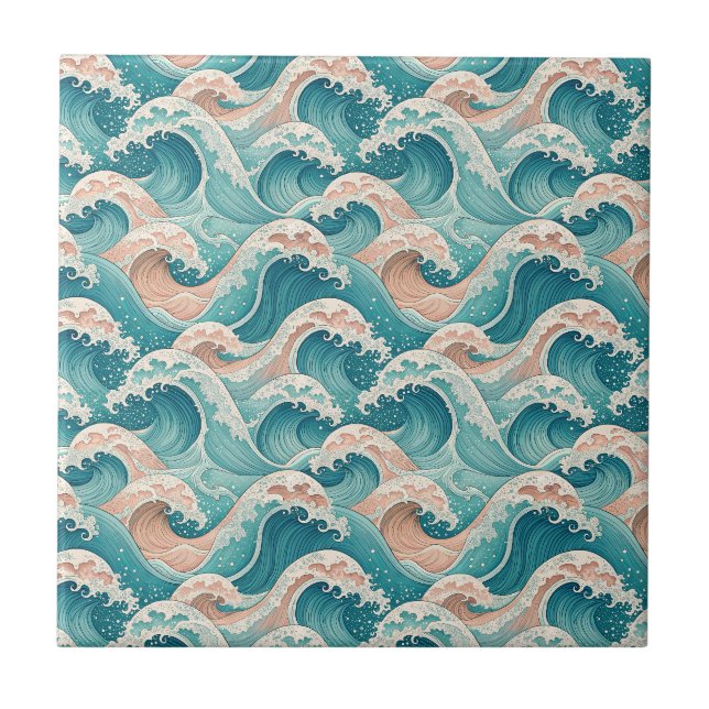 Teal & Peach Japanese Ocean Waves Seamless Pattern Ceramic Tile (Front)