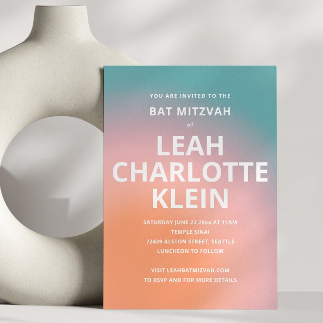 Teal Peach Ombre Gradient Bat Mitzvah Bold Name Invitation (Creator Uploaded)