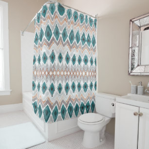 Teal Peach Pale Grey Chevron Diamond Pattern Shower Curtain
