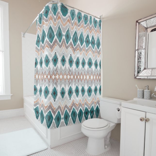 Teal Peach Pale Grey Chevron Diamond Pattern Shower Curtain (In Situ)