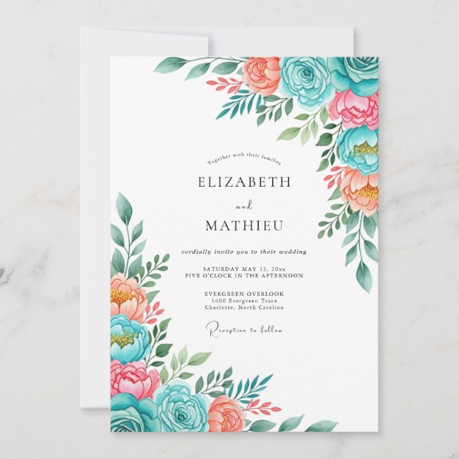 Teal Peach Romantic Bloom Wedding Invitation (Front)