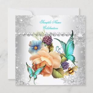 Teal Peach Rose Butterfly Silver White Celebration Invitation