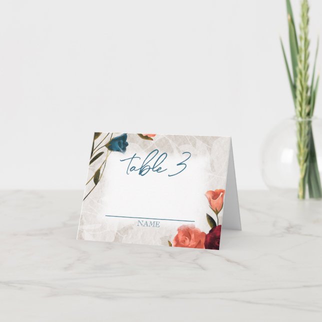 Teal, Peach Roses Folded Wedding Table Number (Front)