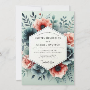 Teal Peach Somber Bloom Wedding Invitation