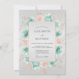 Teal Peach Watercolor Floral Wedding Invitation