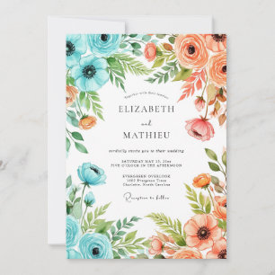 Teal Peach Whimsical Spring Wedding Invitation