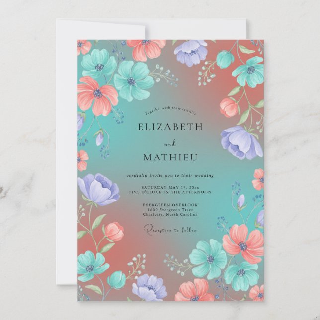 Teal Peach Wildflower Wedding Invitation (Front)
