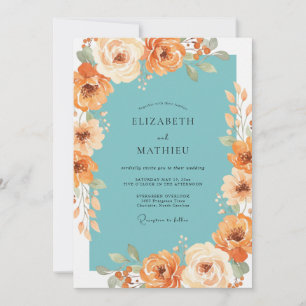 Teal Peachy Floral Flourish Wedding Invitation