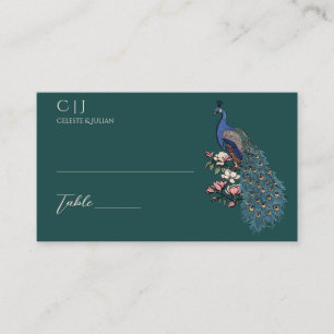 Teal Peacock and Magnolia Wedding Place Card