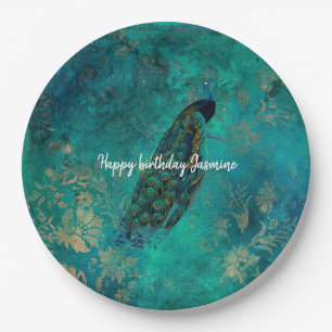 Teal Peacock Birthday Paper Plate