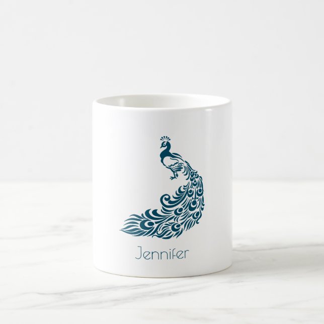 Teal Peacock Bold & Stylish Art Deco Personalised Coffee Mug (Center)