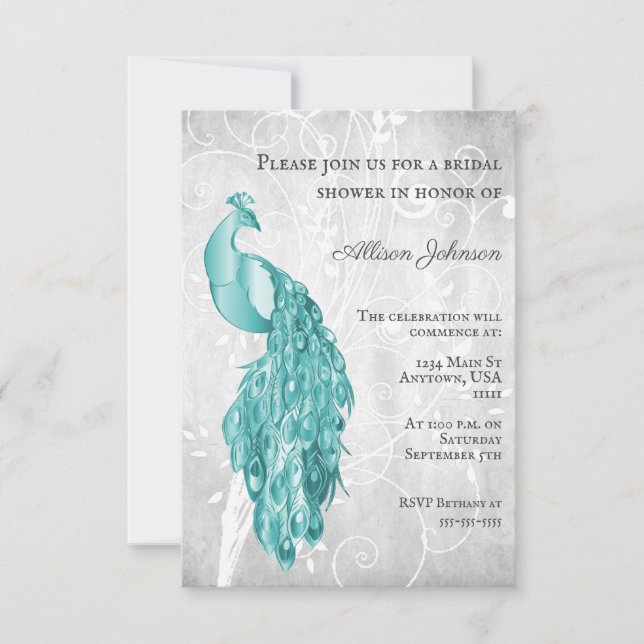 Teal Peacock Bridal Shower Invitation (Front)