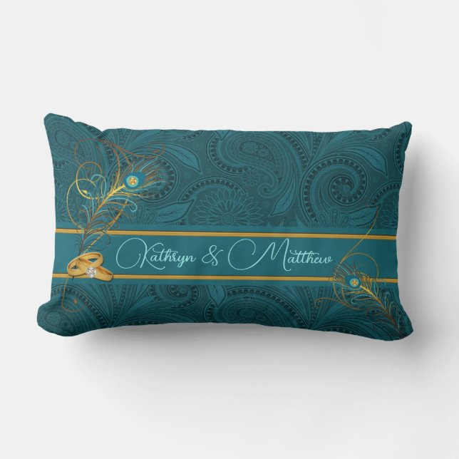 Teal Peacock Custom Wedding for Newlyweds Lumbar Cushion (Front)