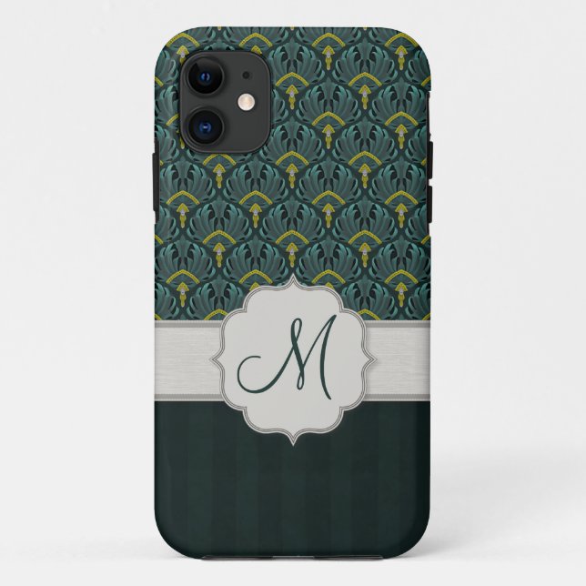 Teal Peacock Fans and Stripes with Monogram Case-Mate iPhone Case (Back)